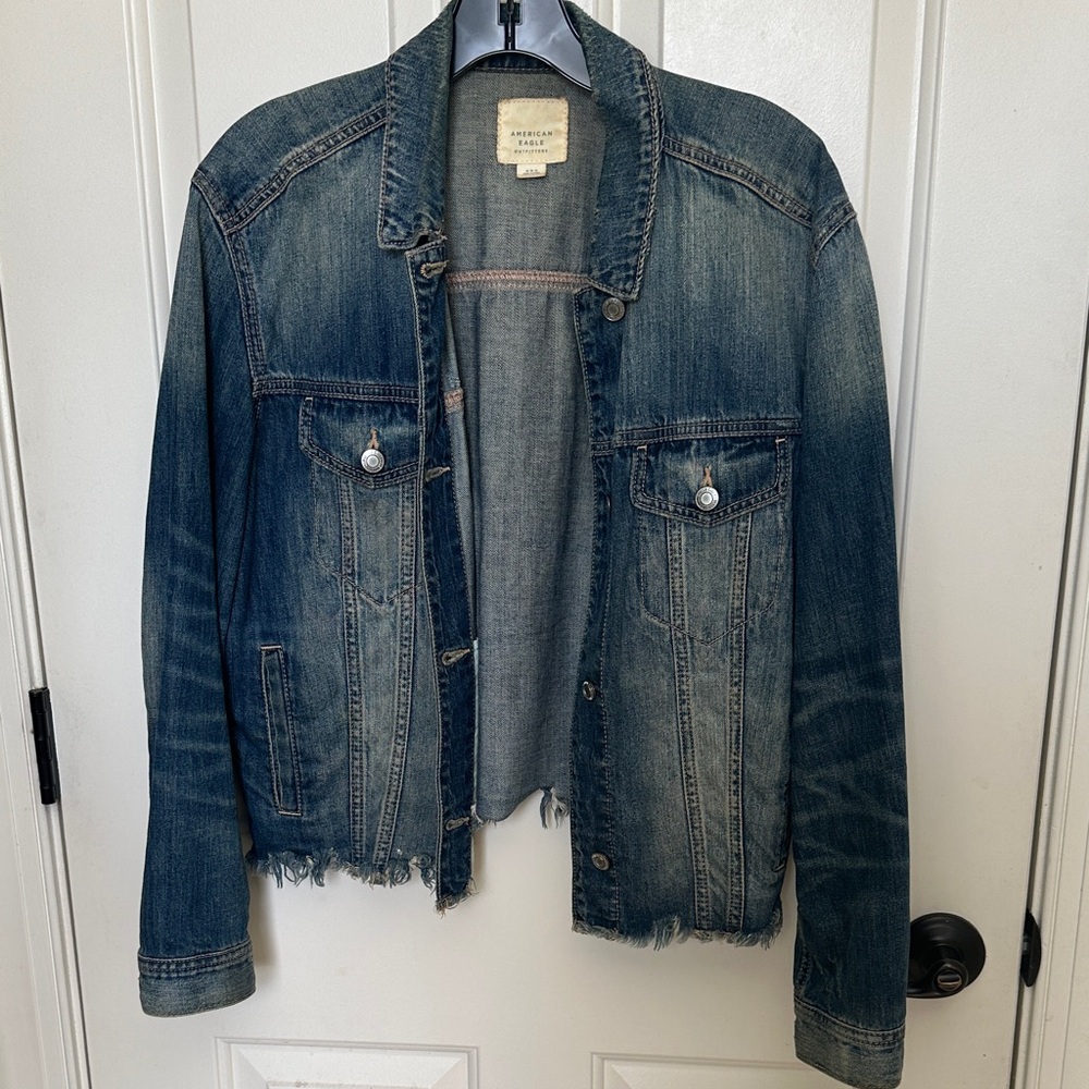 American Eagle Blue Denim Jacket with Frayed Hem